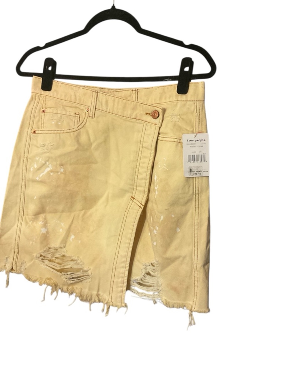 Free People Pale Yellow Distressed Denim Mini Skirt